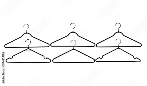 A minimalist illustration of six wire coat hangers in a row