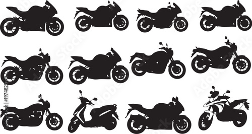 Collection of various motorcycle silhouettes on white background