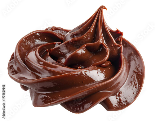 A swirl of rich, dark chocolate frosting with glossy swirls