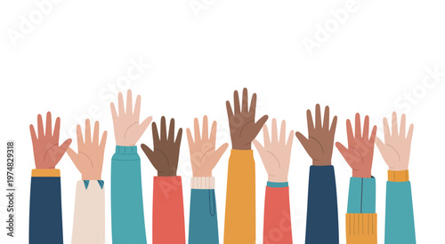 Diverse group of multicultural hands raised in the air representing volunteering participation questions shared consensus teamwork flat vector illustration.