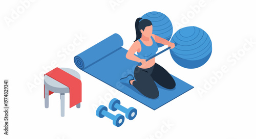 Isometric Illustration of Woman Exercising at Home with Yoga Mat, Fitness Balls, and Dumbbells for Health and Rehabilitation