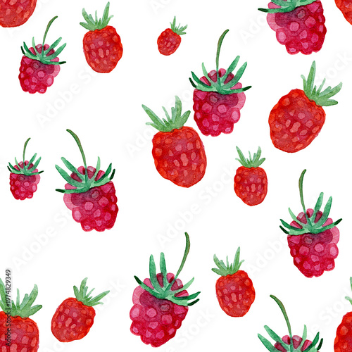 Seamless watercolor pattern with hand-painted strawberries and raspberries scattered on a light background. Bright red berries with green leaves create a fresh, summery, and playful design, perfect fo