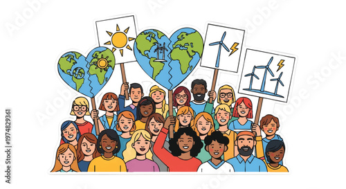 Diverse group of people holding eco-friendly signs and globes