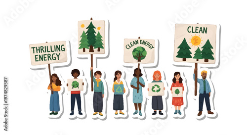 Diverse group of people holding eco-friendly protest signs