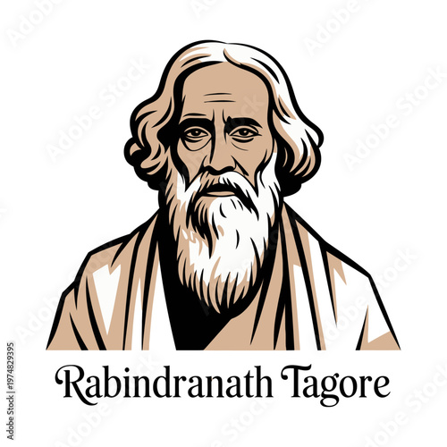 Rabindranath Tagore Portrait Indian Poet and Nobel Laureate Illustration, Rabindra Jayanti