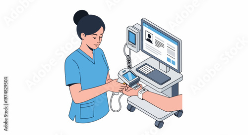Female Nurse Scanning Patient Wristband Barcode with Handheld Scanner at Medical Computer Station for Electronic Health Record Identification