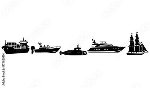 A set of black silhouettes of various boats and ships on a white background