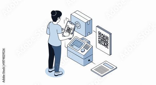 Isometric Illustration of a Healthcare Worker Scanning a QR Code on Medical Equipment with a Smartphone for Inventory Management and Digital Tracking