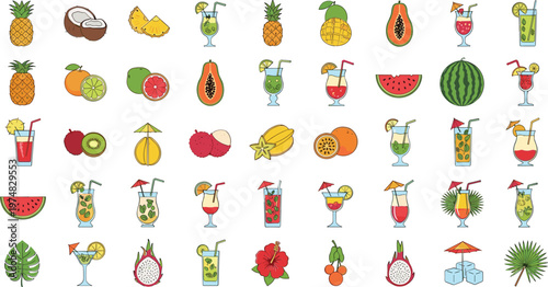 Colorful tropical fruit and cocktail illustrations for summer concepts