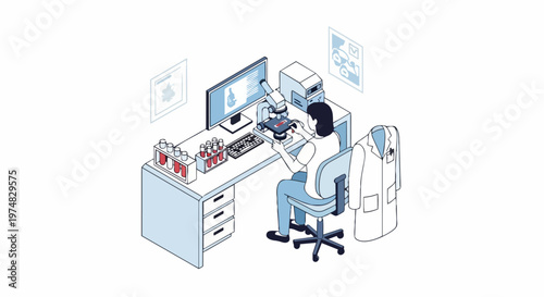 Isometric Laboratory Illustration of Scientist Researching with Microscope and Test Tubes in Modern Medical Clinic or Science Lab