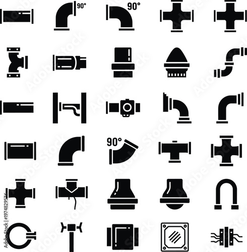 Set of industrial plumbing pipe fitting icons with plumbing industrial connection hardware
