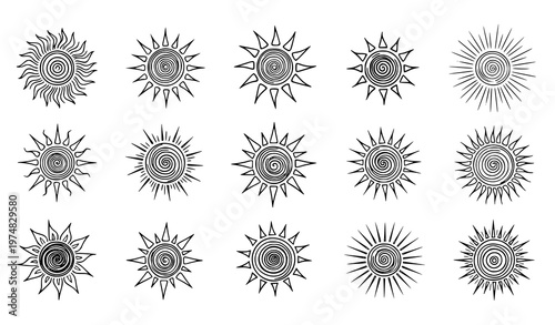 A set of black and white sun icons in various line art styles