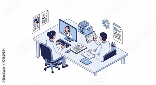 Telemedicine and Digital Health Isometric Illustration with Doctors Conducting Online Consultations and Managing Medical Records