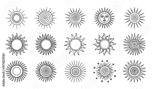 A set of black and white sun icons in various line art styles