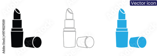 Lipstick icons in black, Line art, And blue on white background for makeup and cosmetics design