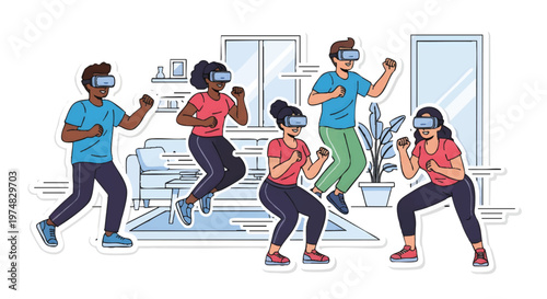 People wearing VR headsets boxing exercising at home