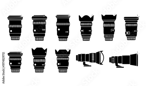 A set of camera lenses in a minimalist vector graphic design