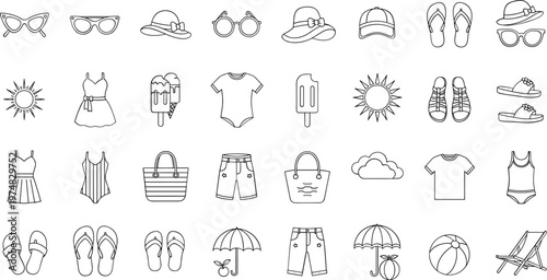 Summer vacation icons set with beach accessories and clothing