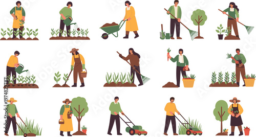 Happy People Gardening And Caring For Plants Vector Set Featuring Workers Watering Crops Harvesting Vegetables And Mowing Lawn For Organic Farm Graphic Designs