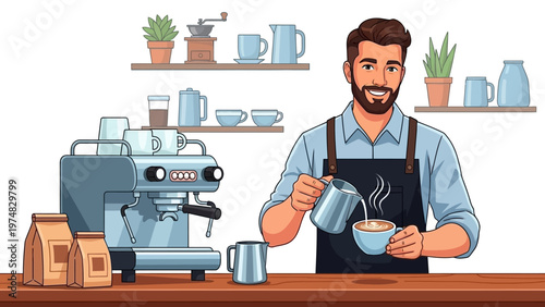 Barista Making Coffee in Cafe.