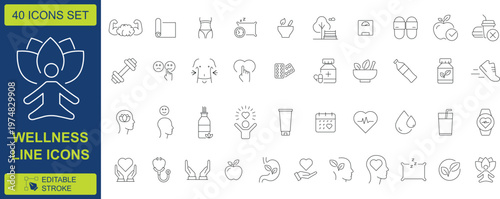 Wellness line icons set, 40 health and fitness vector elements, editable stroke yoga and nutrition symbols, medical and lifestyle thin line graphics
