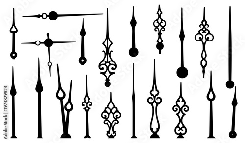 A collection of various clock hands in a minimalist black and white design