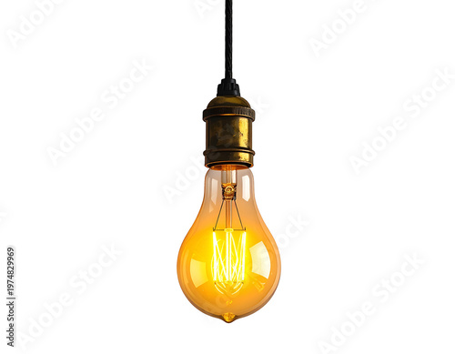 Glowing vintage filament light bulb suspended on cord