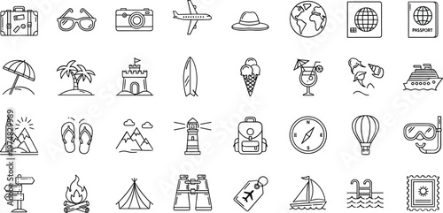 Travel and tourism icons for vacation planning and adventure