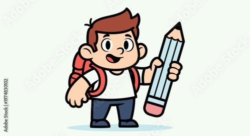 Cartoon Boy Holding Large Pencil.