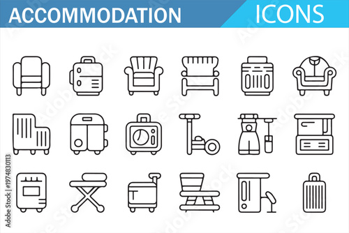 Accommodation icon set thin line vector with beds chairs and appliances