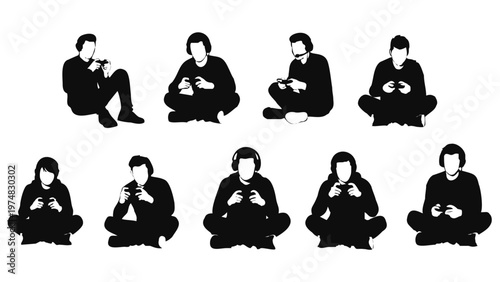 People sitting in various yoga poses.