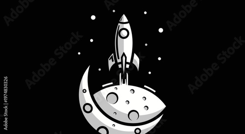 Rocket Launching Above the Moon with Stars in Night Sky Illustration.