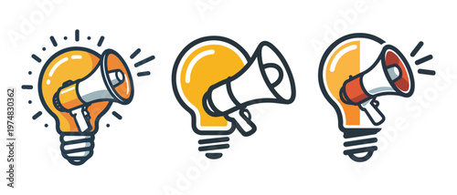 Three creative light bulb illustrations with megaphones symbolizing ideas communication and innovative advertising concepts
