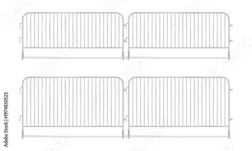 Interlocking metal fence panel with hooks. Temporary fencing. Realistic 3d vector mockup. Bike rack barricade. Mock-up set. Steel crowd control barrier. Template for design