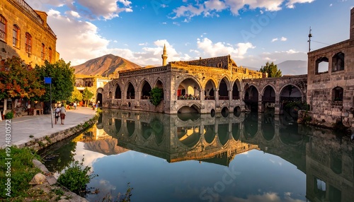 Scenic ancient buildings with arches reflect in a tranquil river beneath a sunny sky at dusk