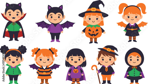 Cute Children In Halloween Costumes Vector Set Featuring Little Boys And Girls Dressed As Vampires Witches And Pumpkins For Trick Or Treat Holiday Graphic Designs