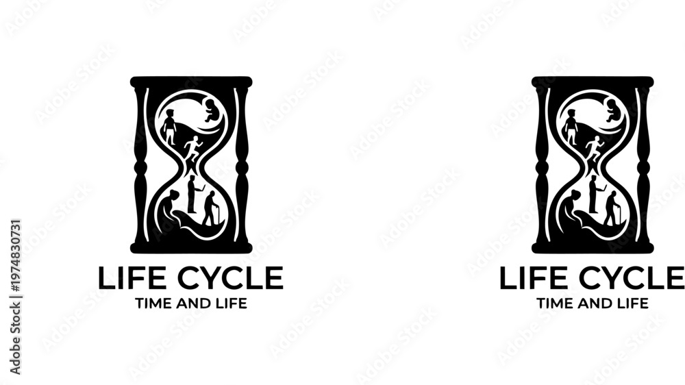 Fototapeta premium Minimalist vector illustration featuring hourglass silhouette with tree and human figure, symbolizing life cycle, time, transformation, and negative space design.
