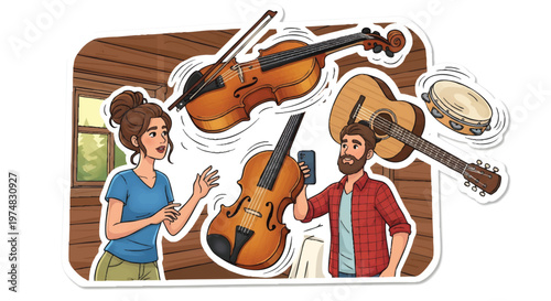 Music instruments and happy people having fun outdoors