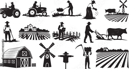 Farm Life and Agriculture Icon Set in Black Silhouette