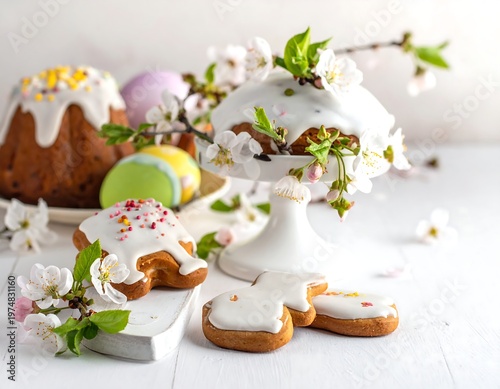 A springtime still life features glazed pastries, decorated eggs, and flowering branches on a white surface. Pastel hues and a celebratory mood are prominent