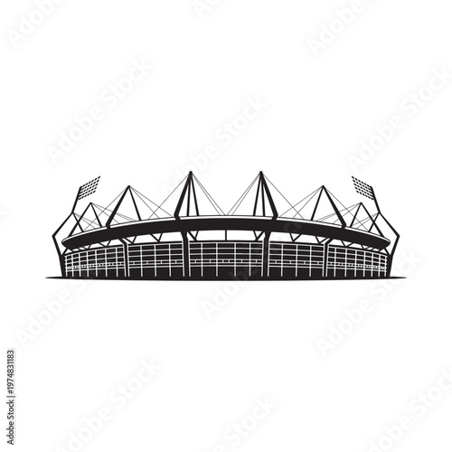 A black and white illustration depicts a large modern sports stadium