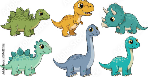 Cute Baby Dinosaurs Vector Set Featuring Cartoon Tyrannosaurus Rex Triceratops Brachiosaurus And Stegosaurus For Children Prehistoric Education Graphic Designs