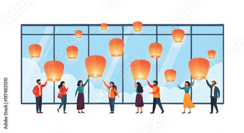 People releasing orange lanterns in front of a large window