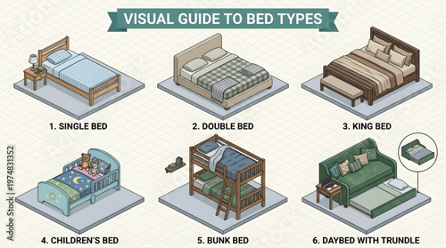 Collection of isometric bed sizes and styles vector. Infographic showing single bed, double bed, king size bed, children's bed with guardrail, wooden bunk bed, and daybed with trundle.