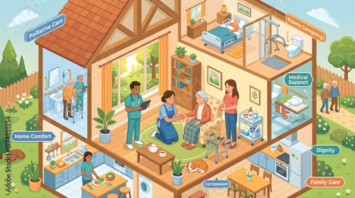 Comprehensive senior living community with medical support, recreational activities, and communal lounge