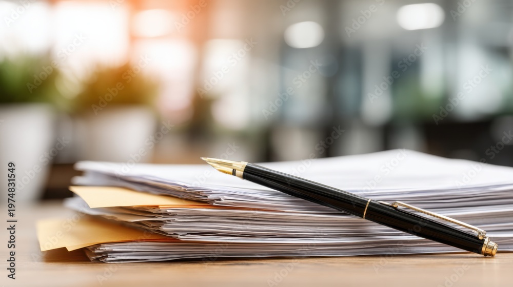 Fototapeta premium Close-Up of Business Documents Stacked with a Fountain Pen Resting on a Table in a Modern Office Environment