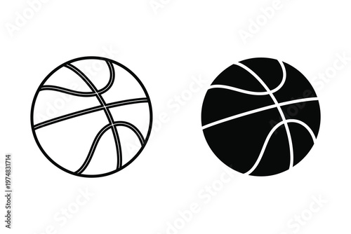 Two basketballs, one in black and white and the other in solid black, isolated on a white background, showcasing sport equipment.