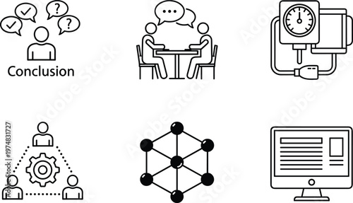 Black and White Icons Vector Set Featuring Conclusion, Discussion, Blood Pressure, Teamwork, Network, and Computer for Business and Healthcare Design