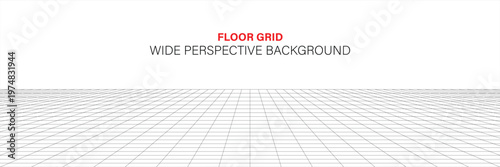 Abstract 3D Perspective Transparent Grid Floor Background with Black Lines, Wide Empty Studio Room Horizon for Graphic Design, Architectural Wireframe Plane and Professional Overlay