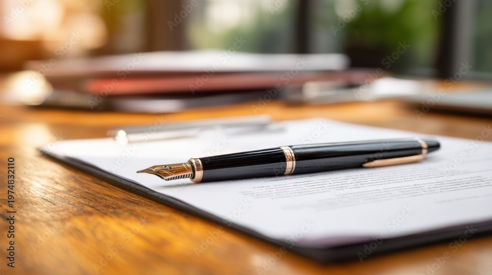 Fototapeta premium Elegant fountain pen resting on crisp document with soft sunlight illuminating modern workspace and stationery tools